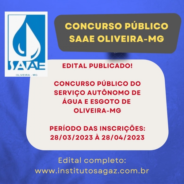 Publicado!! Edital do Concurso nº 001/2023 do Serviço Autônomo de água e Esgoto de Oliveira.